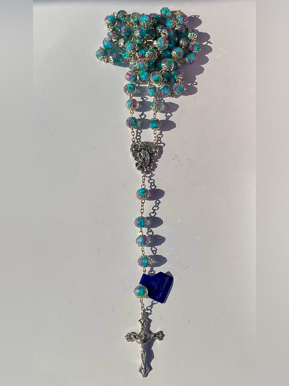 Turquoise Encased Lampwork Crystal Floral Rosary with Bright Pink Roses Inside - Picture 9 of 12